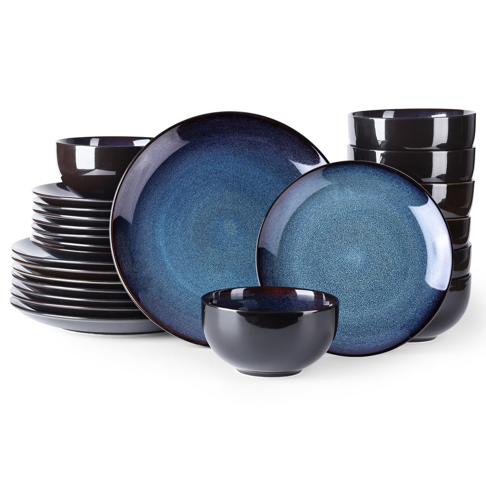 LeRatio Ceramic Dinnerware Sets for 6,Plates and Bowls Sets,Handmade Reactive Glaze Dishes Set,Chip Resistant and Scratch Resistant | Oven&Dishwasher & Microwave Safe-Blue(18PCS)