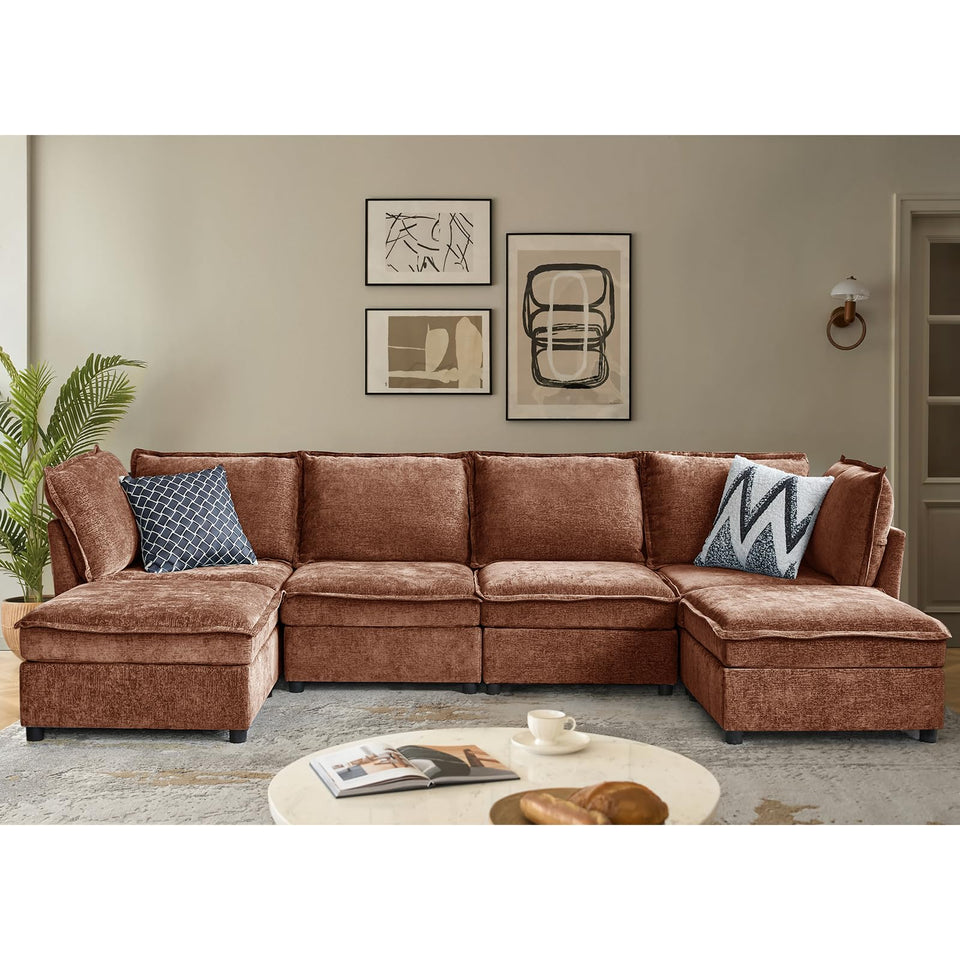HULALA HOME 127'' Modular Sectional Sofa, Oversized U Shaped Couch with Storage Ottoman, Comfy Chenille Sofa with Deep Seat, 6 Seat Convertible Couches for Living Room, Beige