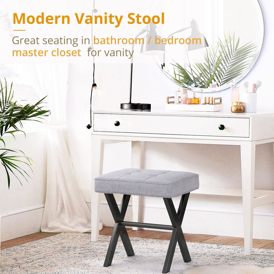 LUE BONA Square Linen Makeup Stool, Metal X Legs, Small Ottoman Stool Chair for Vanity, Modern Padded Seat Foot Rest for Makeup Room, Bathroom