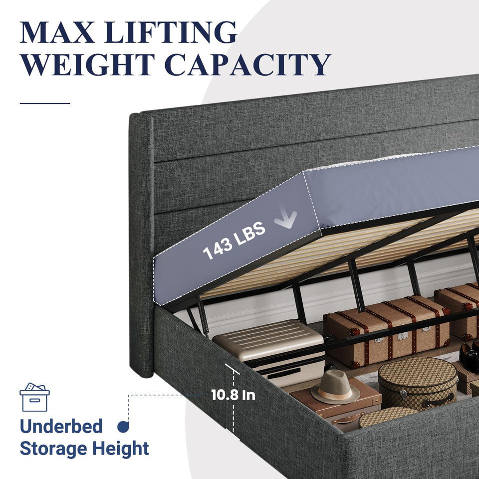 Allewie King Size Lift Up Storage Bed, Modern Wingback Headboard, Hydraulic Support, No Box Spring Needed, Light Beige