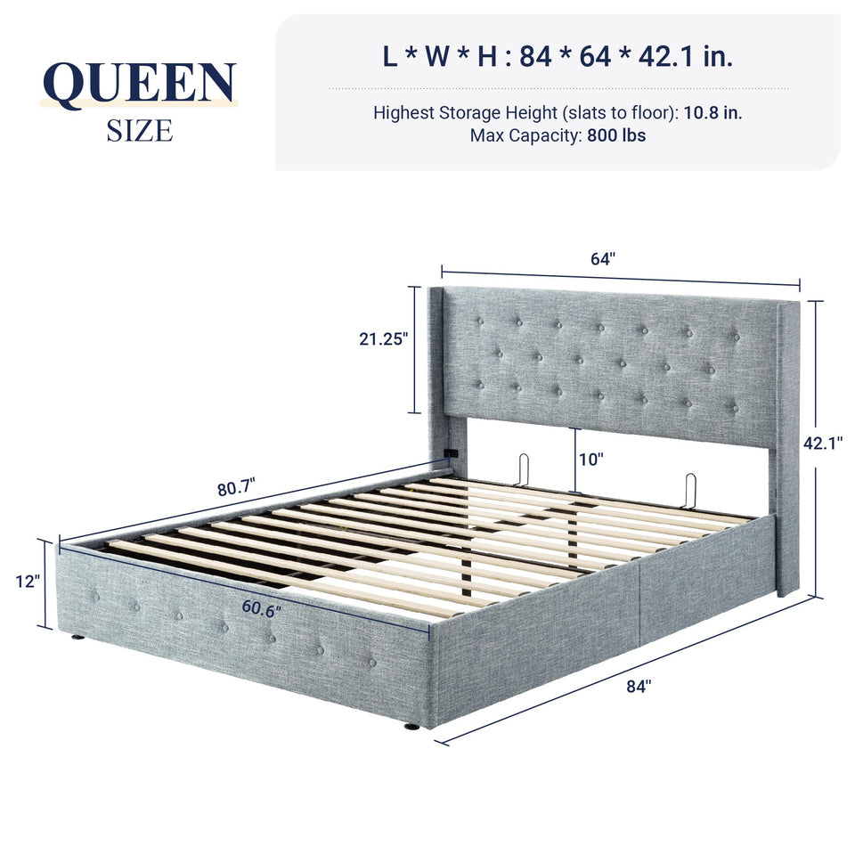 Allewie King Size Lift Up Storage Bed, Modern Wingback Headboard, Hydraulic Support, No Box Spring Needed, Light Beige