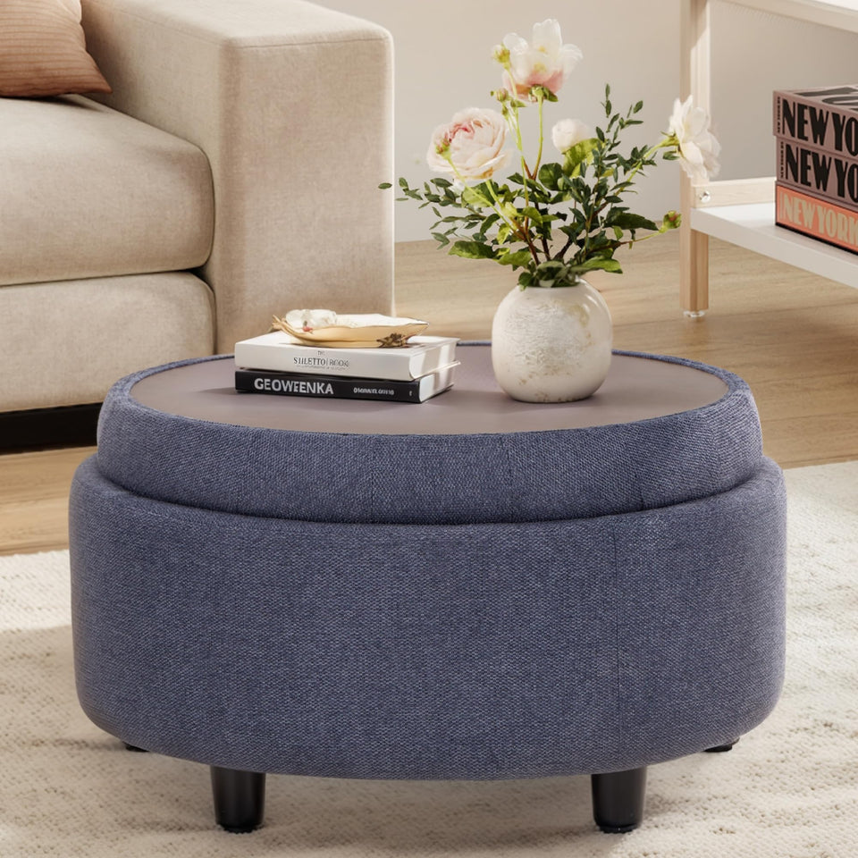 COLAMY Fabric Round Storage Ottoman with Reversible Tray Lid – Multi-Functional Footrest, Hidden Storage, Sturdy & Stylish Small Coffee Table for Living Room, Bedroom, or Entryway(Beige)