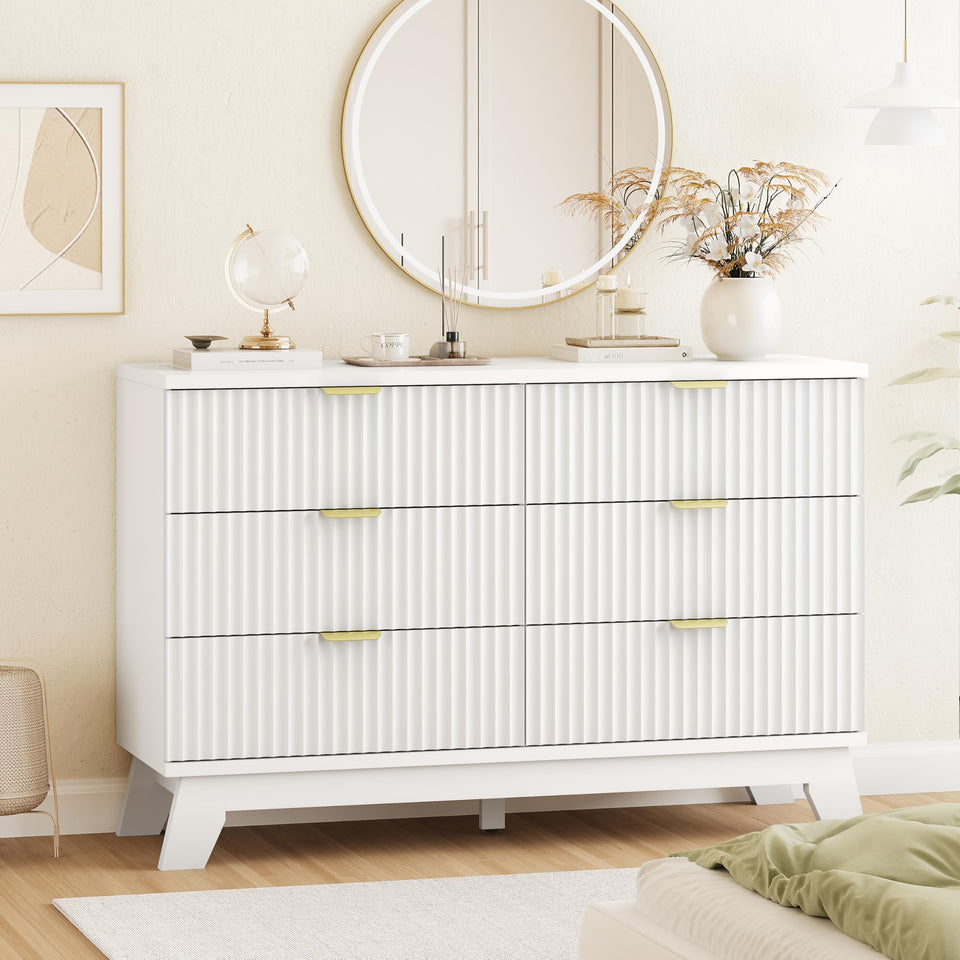 Fluted Dresser for Bedroom with 9 Drawers, 57" Wide Modern Chest of Drawers with Metal Handle, Wooden Dresser TV Stand, Wood Closet Clothes Storage Organizer for Living Room, Hallway, Natural Oak