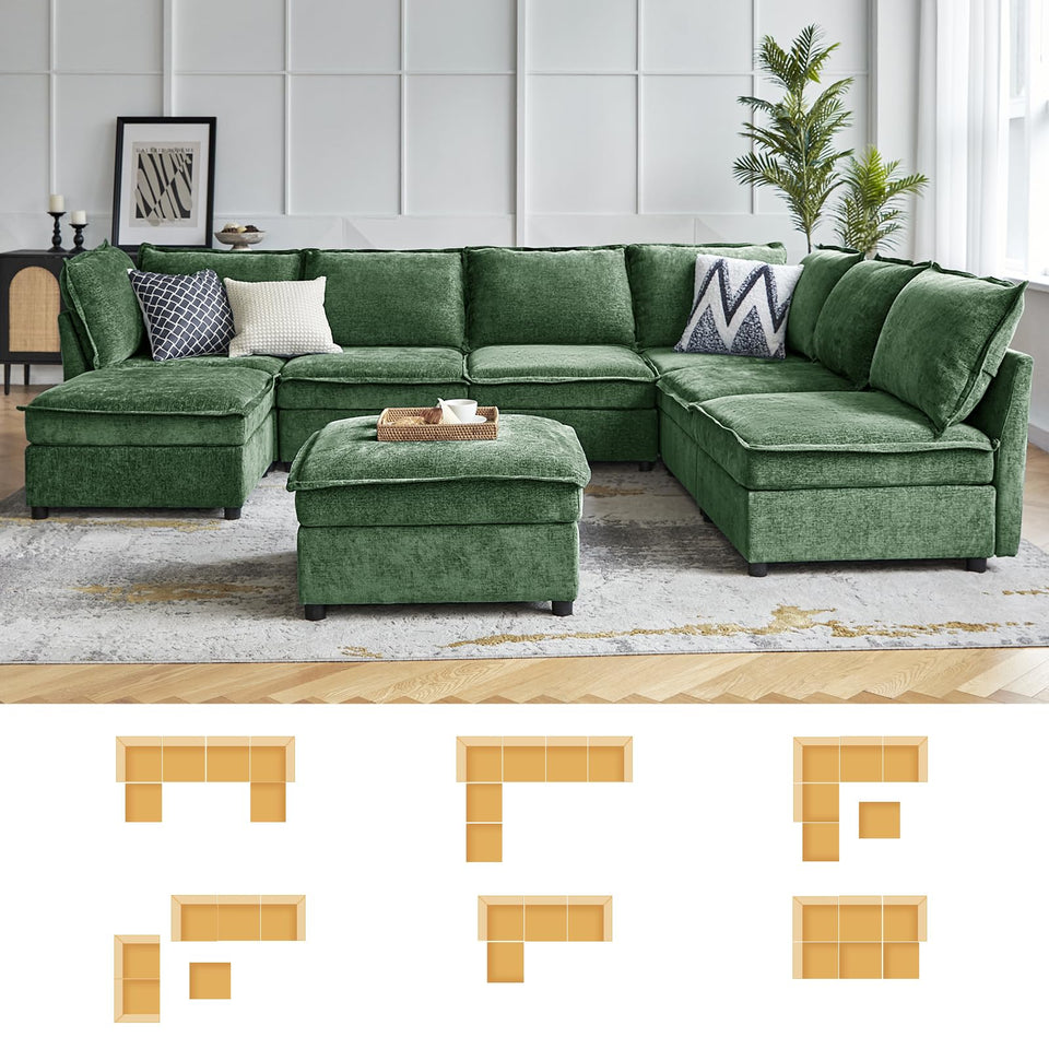 HULALA HOME 127'' Modular Sectional Sofa, Oversized U Shaped Couch with Storage Ottoman, Comfy Chenille Sofa with Deep Seat, 6 Seat Convertible Couches for Living Room, Beige