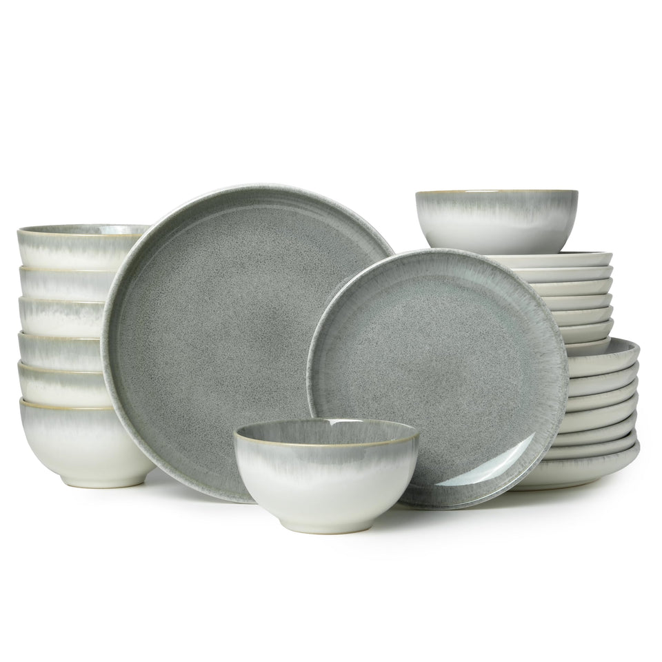 Pokini 24 Piece Dinnerware Sets for 8, Modern Stoneware Plates and Bowls Setst, Perfect for Family Gatherings & Holiday Celebrations, Easy Cleaning Dishes Set, Stack Compactly Dishware, Brown Green