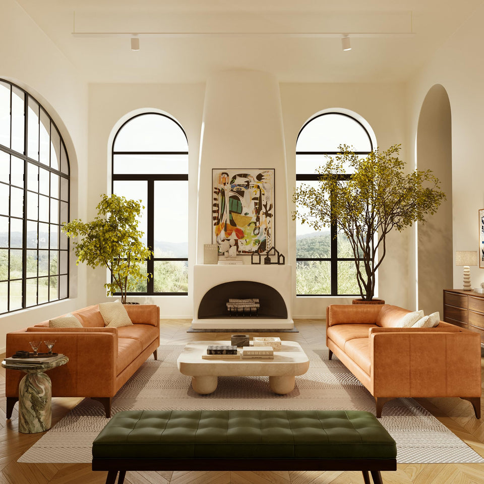 POLY & BARK Napa 72" Apartment Sofa – Italian-Tanned Full-Grain Pure-Aniline or Semi-Aniline Leather, Feather-Down Cushioning, Kiln-Dried Solid Wood Frame, Walnut Legs - Cognac Tan