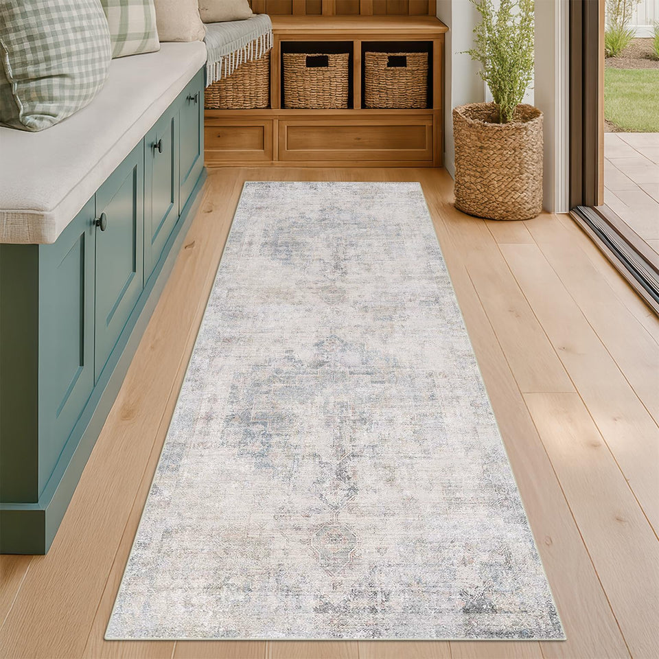 Neutral Living Room Rug - 10x14 Farmhouse Beige Brown Large Area Rug for Dining Room, Bedroom, Low Pile Lightweight Washable