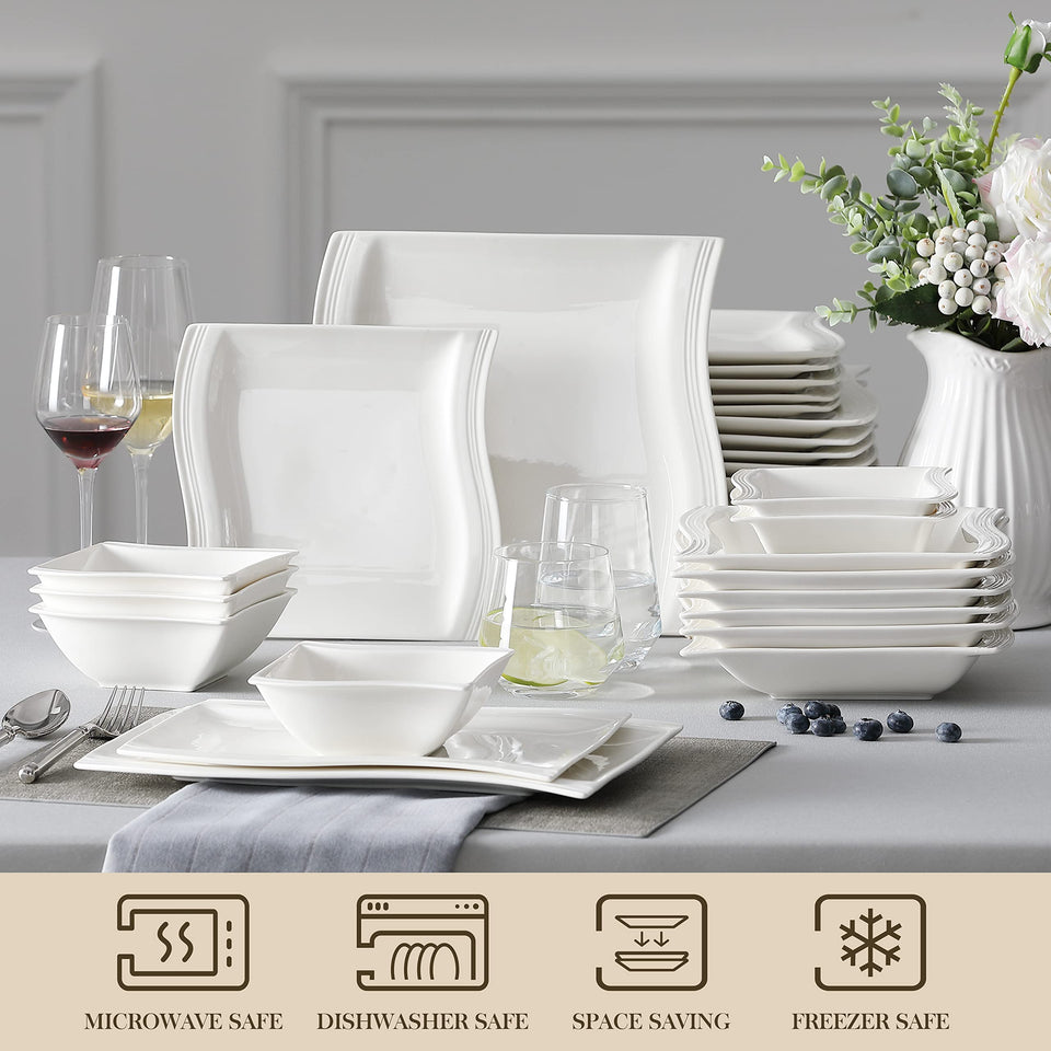MALACASA Ivory White Dinnerware Sets, 30-Piece Porcelain Plates and Bowls Sets, Modern Dish Set for 6, Square Plates Dinnerware Set Kitchen Dishware Sets, Microwave and Dishwasher Safe, Series Flora