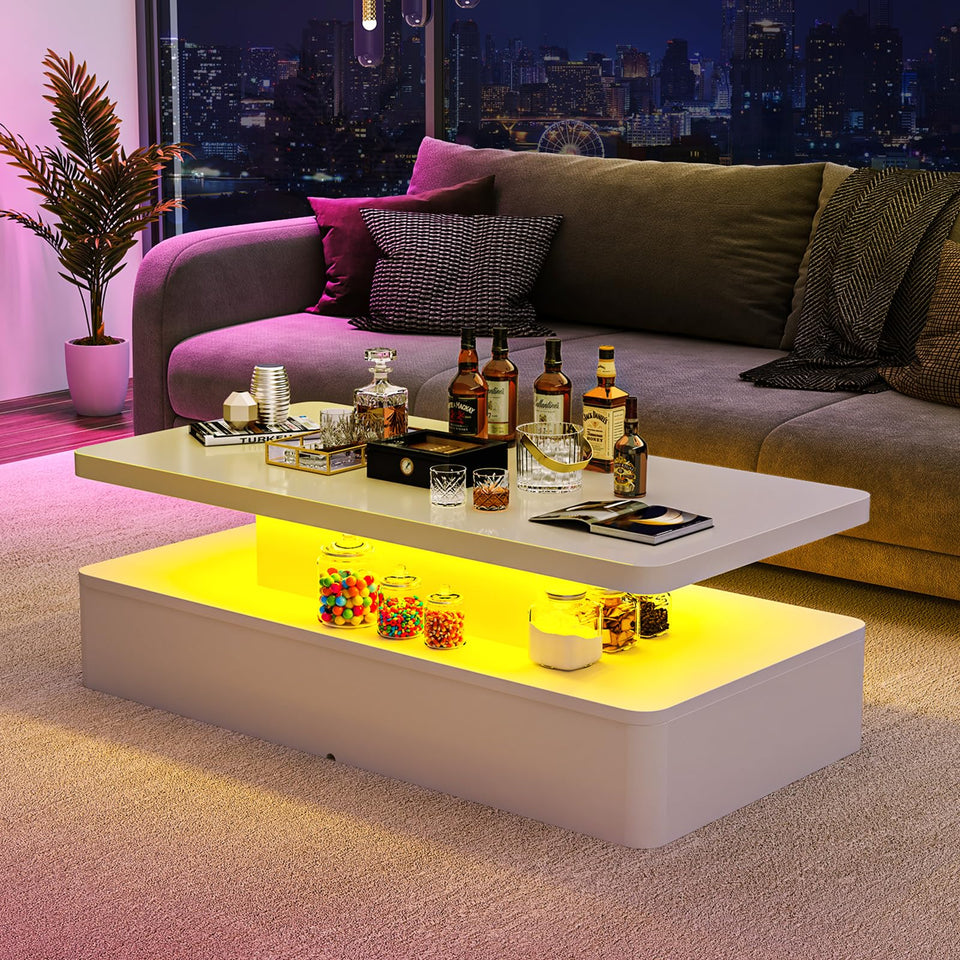 oneinmil Modern LED Coffee Table, 40" Living Room Tables with 16 Colors LED Lights, Double-Layer Design, Stylish Coffee Tables for Living Room, Black