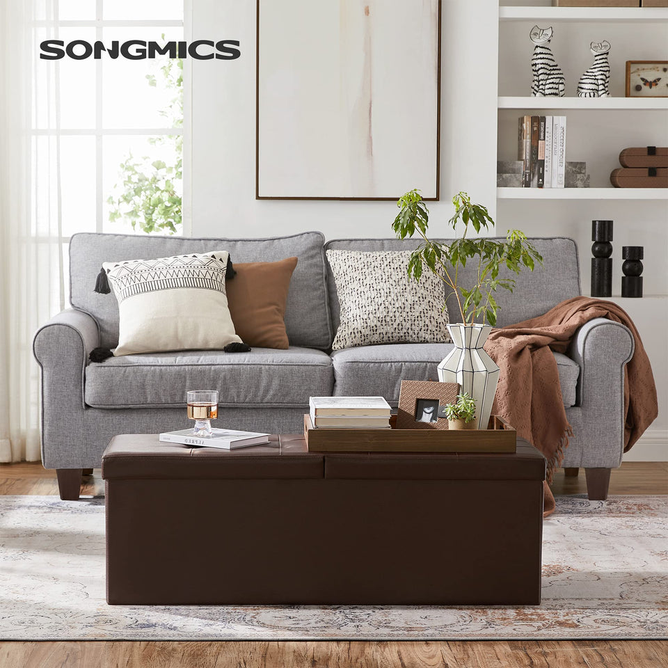 SONGMICS MAZIE Collection - 30 Inches Storage Ottoman Bench with Flipping Lid, Storage Chest Footstool, Load 660 lb, for Entryway, Living Room, Bedroom, Synthetic Leather, Black ULSF45BK