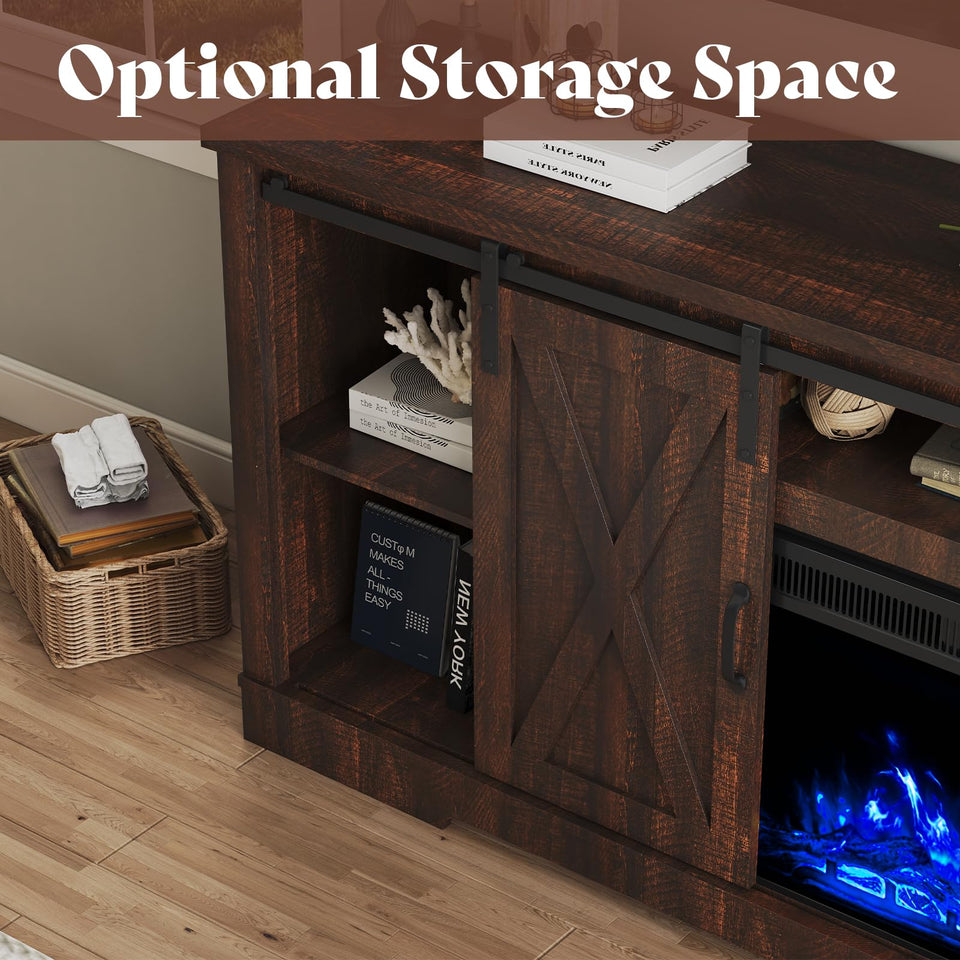 AMERLIFE Fireplace TV Stand with Sliding Barn Door for TVs up to 73", Farmhouse 63" Fireplace Entertainment Center with Storage Cabinets/Adjustable Shelves, Distressed White & Barnwood