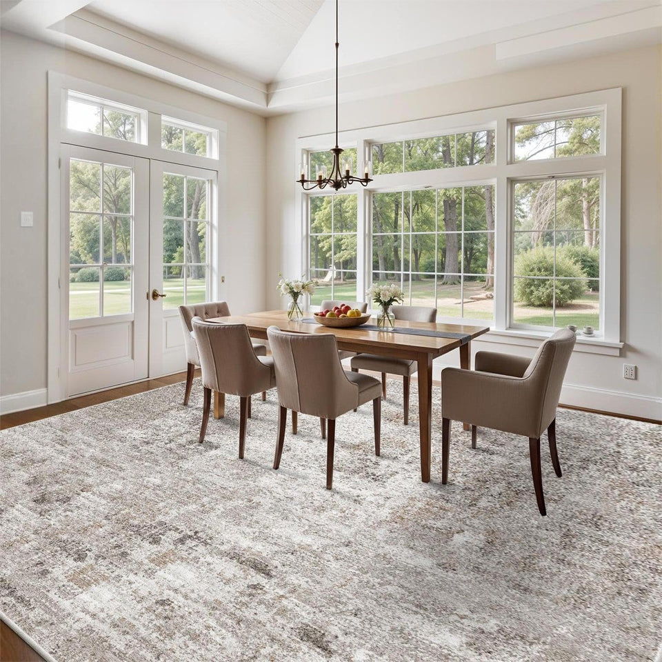 12x15 Area Rug for Living Room – Large Modern Neutral Abstract Thin Washable Carpet, Soft Low Pile Non-Slip Stain-Resistant for Bedroom Dining Room Home Office (Beige Grey)