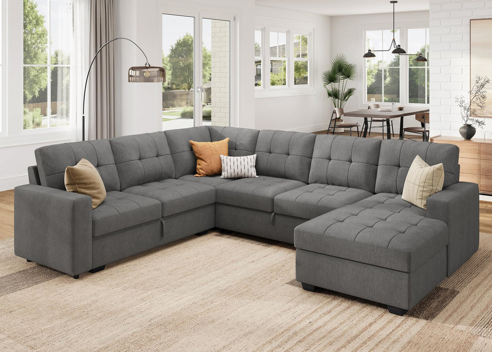 HONBAY Sectional Sleeper Sofa Pull Out Bed with Storage Chaise, Sectional Sofa Couch, Sleeper Couch Bed for Living Room, Dark Grey