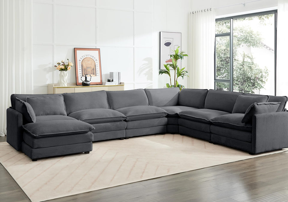ROWHY 150'' Modular Sectional Sofa Cloud Couch, Corner Sofa Big Comfy Corduroy Oversized L Shaped Couch with 4 Pillows, Chaise, Ottoman, Deep Seat Couches for Living Room Office, Dark Grey