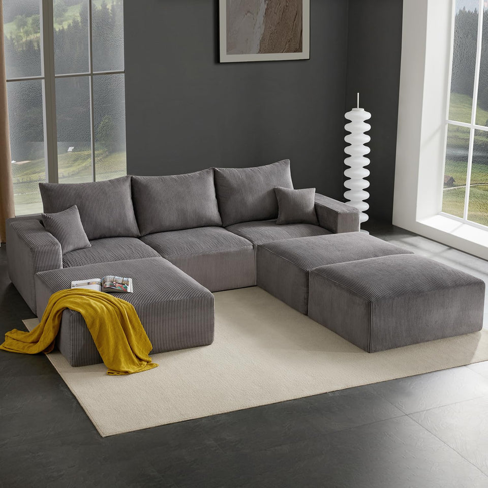 Boneless Sectional Cloud Couch Sofa for Living Room, 112" U-Shaped Modular Modern Lounge Sleeper Black Couches with Chaise, No Assemble, Cordury Compression Upholstered Sofas