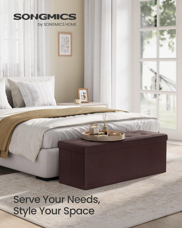 SONGMICS MAZIE Collection - 43 Inches Folding Storage Ottoman Bench, Ottoman with Storage, Foot Rest Stool, Load 660 lb, for Living Room, Synthetic Leather, Black ULSF701