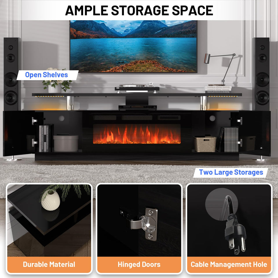 KOKEBREN 70'' Fireplace TV Stand, Entertainment Center with 36'' Firplace, 2 Tier TV Console Cabinet with Storage Cabinet, Electric Fireplace Heater with LED Light and 12 Flame Colors, Black
