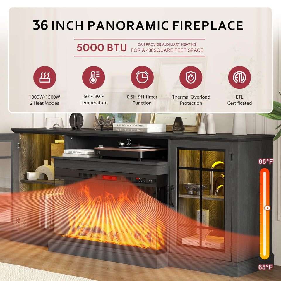 oneinmil 36 Inch 3-Sided Glass Fireplace TV Stand for TVs up to 80", Rustic Media Entertainment Center Console Table with Glass Door Closed Storage, Set of TV Table, White