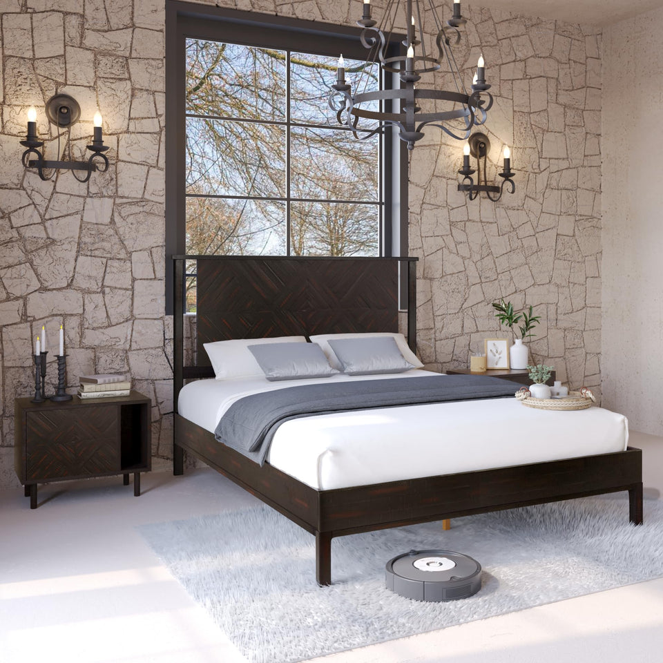 Bme Vivian 14 Inch Deluxe Bed Frame with Headboard, Rustic & Scandinavian Style with Solid Acacia Wood, No Box Spring Needed, 12 Strong Wood Slat Support, Easy Assembly, King, Rustic Golden Brown