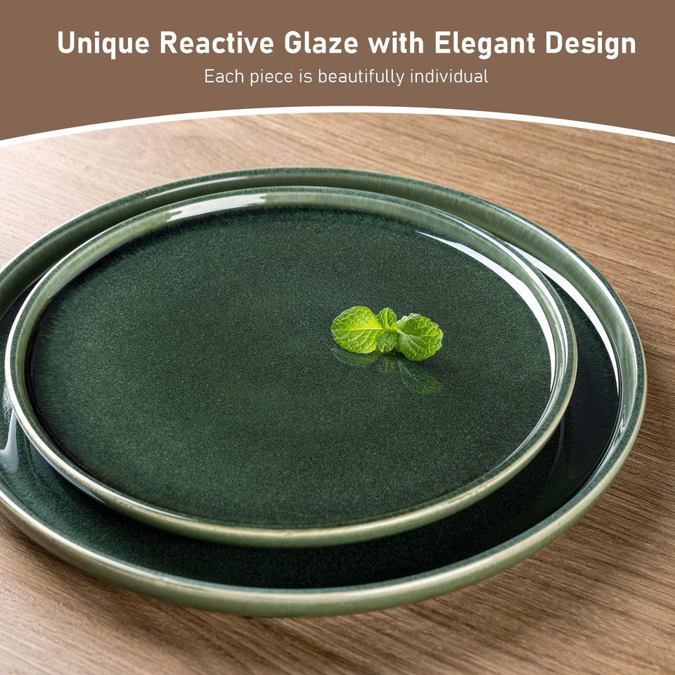 GBHOME Ceramic Dinnerware Sets for 8, 24 Pieces Stoneware Plates and Bowls Sets, Scratch Resistant Dishes, Dishwasher & Microwave Safe, Reactive Glaze-Green Wheat