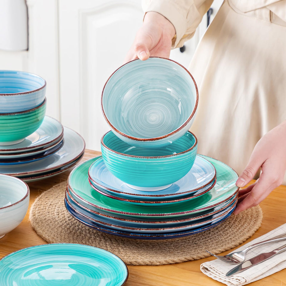vancasso Bonita Dinnerware Set 24 Pieces Blue Stoneware Service for 6, Handpainted Spirals Pattern Stoneware Combination Set
