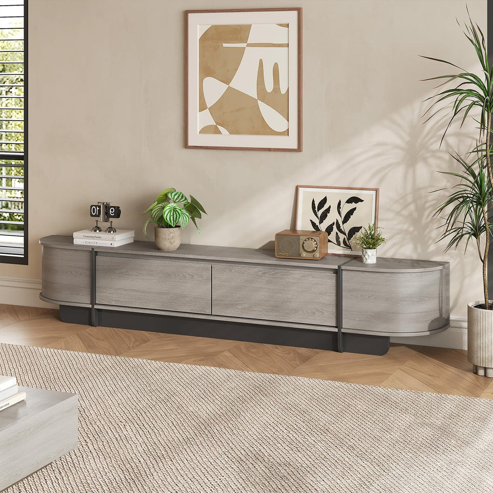 UKAOCAI 86.61'' Tambour TV Stand for 55-85 Inch, Modern Entertainment Center with Large Storage Cabinet & Open Shelves, TV Console with Sliding Doors for Living Room, Bedroom, Natural