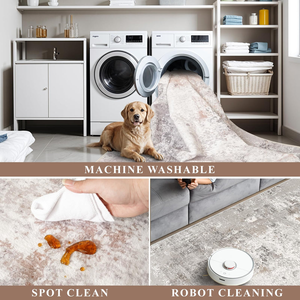 12x15 Area Rug for Living Room – Large Modern Neutral Abstract Thin Washable Carpet, Soft Low Pile Non-Slip Stain-Resistant for Bedroom Dining Room Home Office (Beige Grey)