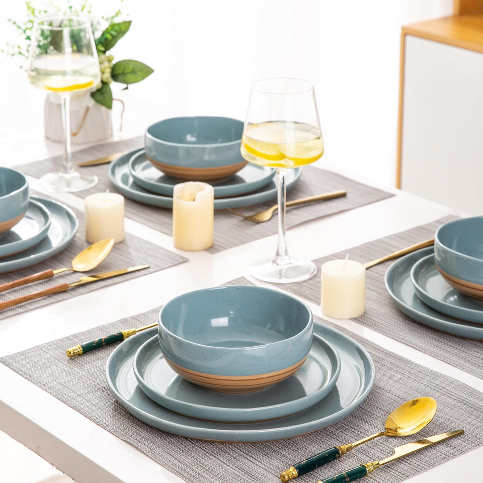 AmorArc Ceramic Dinnerware Sets for 8, 24 Pieces Handpainted Plates and Bowls Set with Rustic Terracotta Underside, Scratch Resistant Stoneware Dishes Set, Dishwasher & Microwave Safe, Light Beige