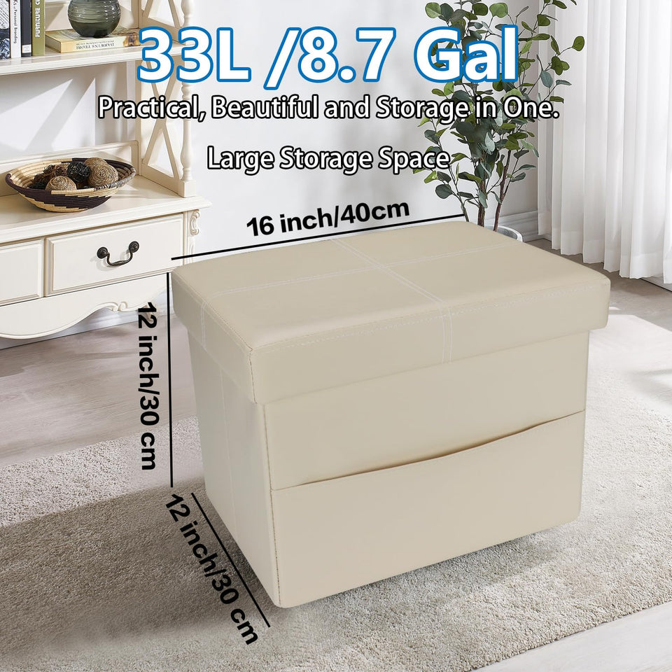 AmasSmile Storage Ottoman Folding Foot Rest Stool, Leather Footstool Bench, Short Ottoman Stool, Storage Foot Rest Store, Books (Black, 17" D x 13" W x 13" H)
