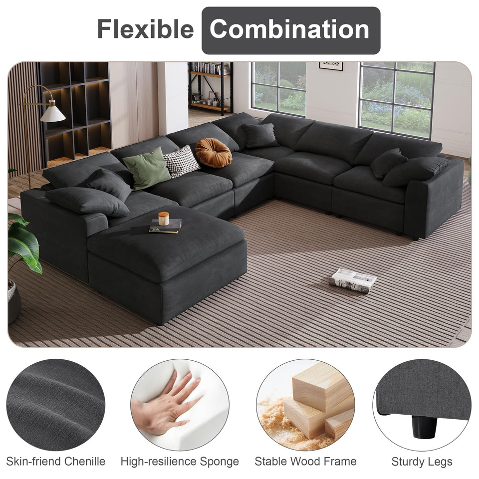 Tmsan 129.3" Oversized Modular Sectional Sofa, U Shaped Couch with Movable Ottoman, Large 7 Seat Corner Couches for Living Room, Spacious Space, Beige