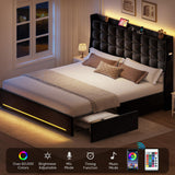 YITAHOME King Size Bed Frame with 4 Drawers and RGB LED Lights, Velvet Upholstered Platform Bed with Charging Station and Storage Headboard, No Box Spring Needed, Easy Assembly, Noise-Free, Black