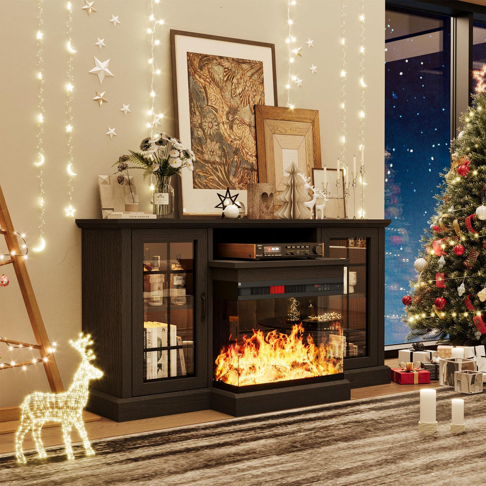 oneinmil 36 Inch 3-Sided Glass Fireplace TV Stand for TVs up to 80", Rustic Media Entertainment Center Console Table with Glass Door Closed Storage, Set of TV Table, White