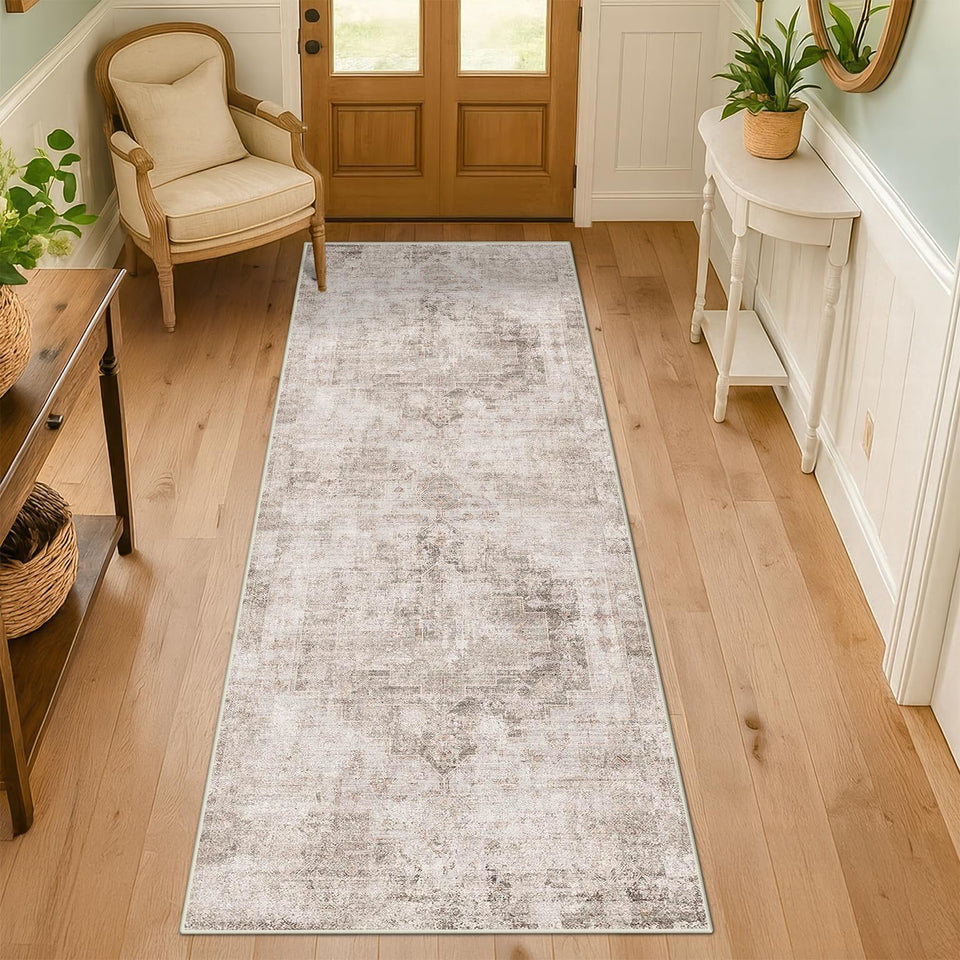 Neutral Living Room Rug - 10x14 Farmhouse Beige Brown Large Area Rug for Dining Room, Bedroom, Low Pile Lightweight Washable