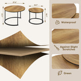 Smuxee Nesting Coffee Table Set of 2, 23.6" Round Coffee Table Wood Grain Top with Adjustable Non-Slip Feet, Industrial End Table Side Tables for Living Room Bedroom Balcony Yard