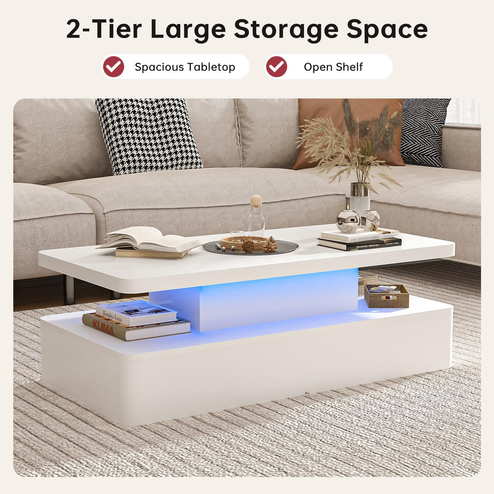 oneinmil Modern LED Coffee Table, 40" Living Room Tables with 16 Colors LED Lights, Double-Layer Design, Stylish Coffee Tables for Living Room, Black