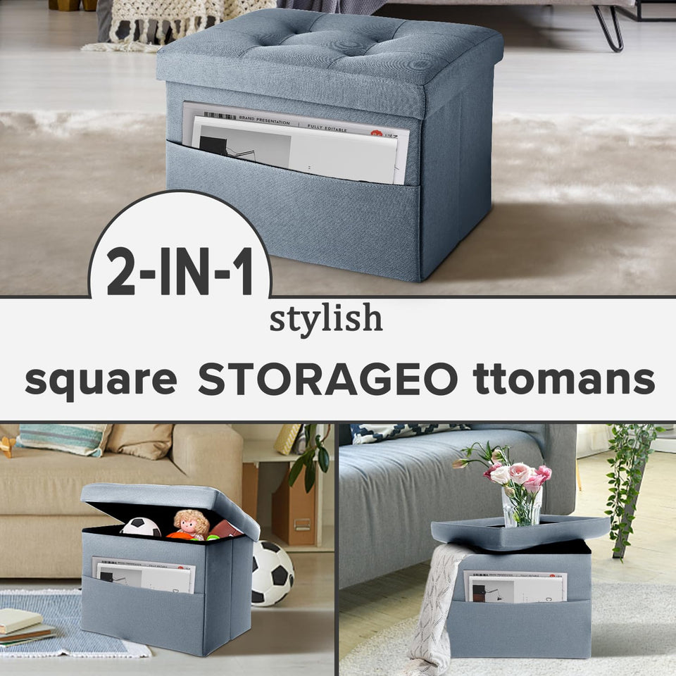 LINMAGCO Ottoman Storage Ottoman with Storage Small Foot Rest Stool Under Desk Stool Short Folding Footrest Linen Cloth Dark Gray 16X12X12IN