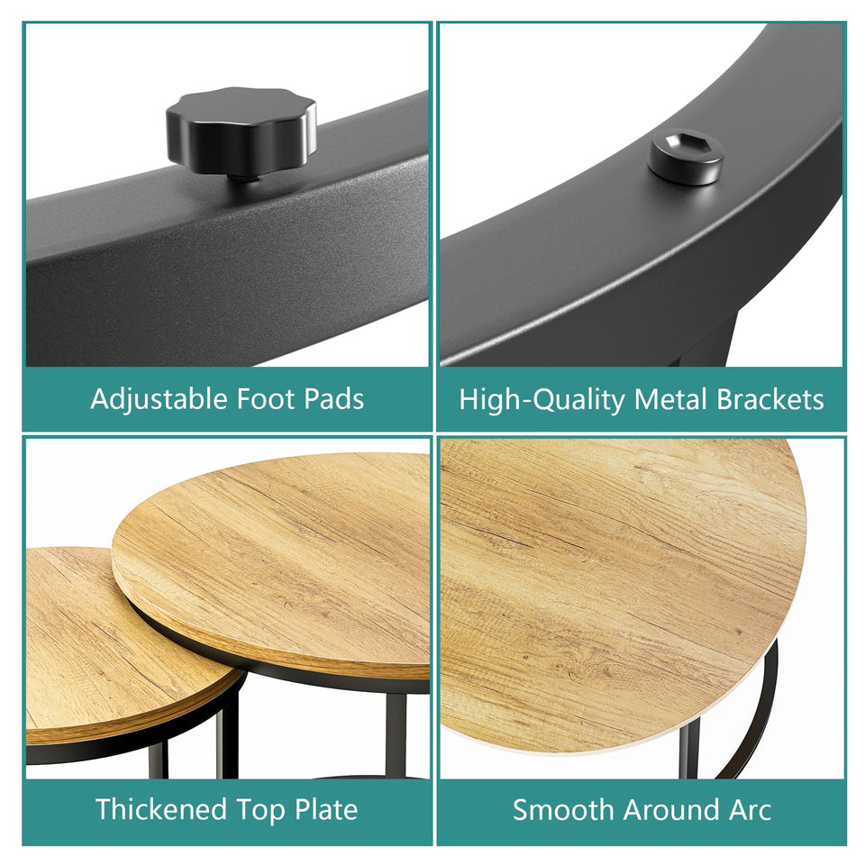 Smuxee Nesting Coffee Table Set of 2, 23.6" Round Coffee Table Wood Grain Top with Adjustable Non-Slip Feet, Industrial End Table Side Tables for Living Room Bedroom Balcony Yard