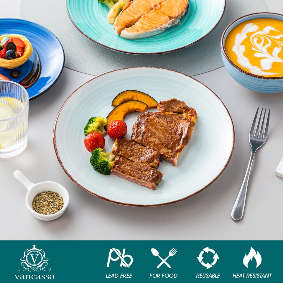 vancasso Bonita Dinnerware Set 24 Pieces Blue Stoneware Service for 6, Handpainted Spirals Pattern Stoneware Combination Set