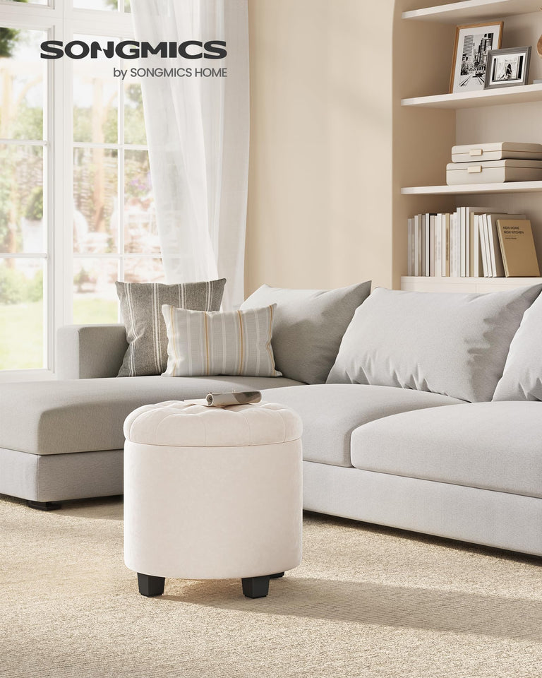 SONGMICS Round Ottoman, Ottoman with Storage, 17.7 Dia. x 17.5 H Inches Foot Rest with Legs, Load up to 330 lb, for Living Room, Bedroom, Dark Gray ULOM011G01