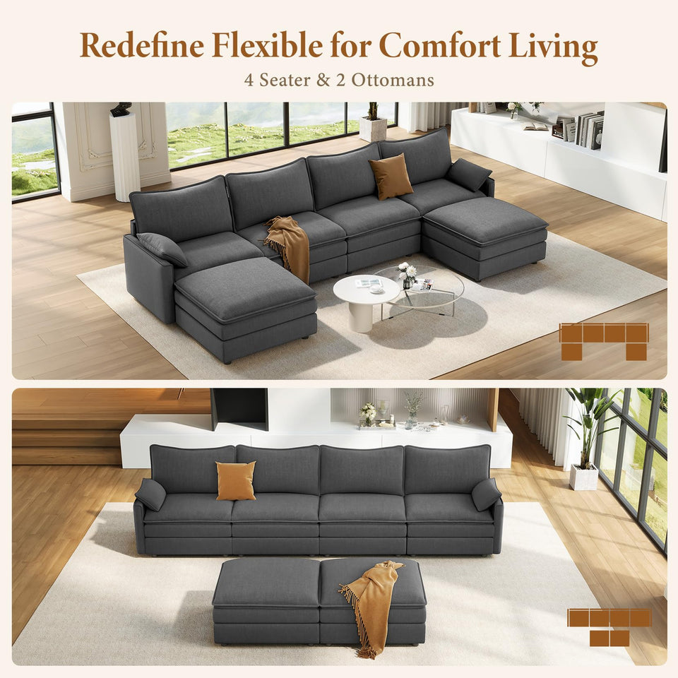 Vesgantti 142" U Shaped Sectional Couch, Comfy Cloud Modular Sectional Sofa with 2 Ottoman Deep Seat Chenille Modern Cloud Sofa, Modular Sofas for Living Room, Bedroom and Apartment, Beige