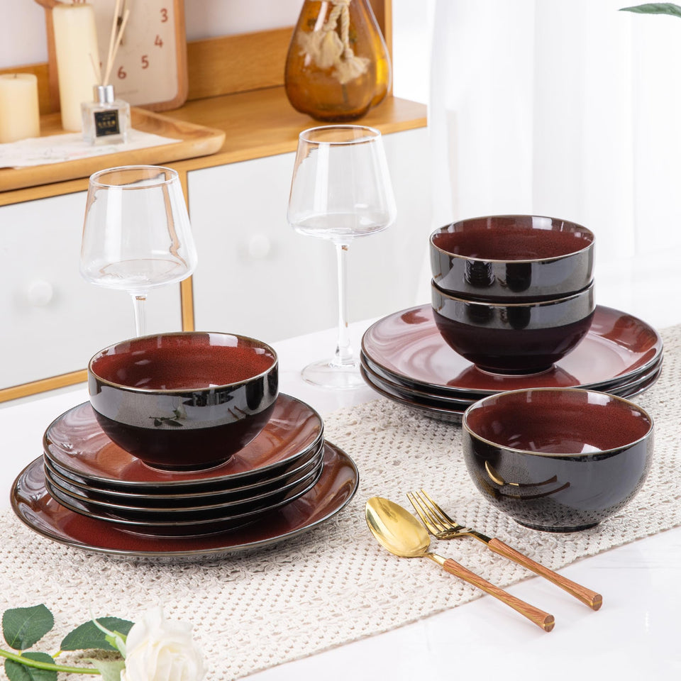 LeRatio Ceramic Dinnerware Sets for 6,Plates and Bowls Sets,Handmade Reactive Glaze Dishes Set,Chip Resistant and Scratch Resistant | Oven&Dishwasher & Microwave Safe-Blue(18PCS)