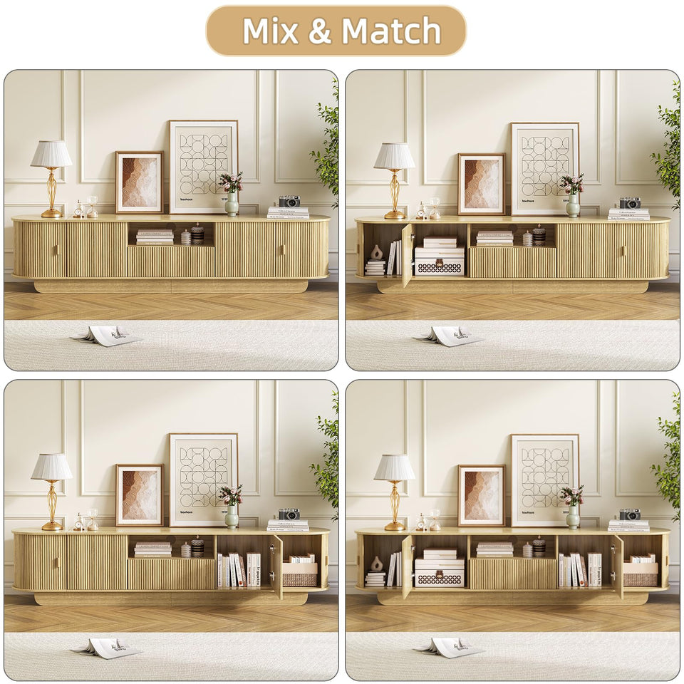 UKAOCAI 86.61'' Tambour TV Stand for 55-85 Inch, Modern Entertainment Center with Large Storage Cabinet & Open Shelves, TV Console with Sliding Doors for Living Room, Bedroom, Natural