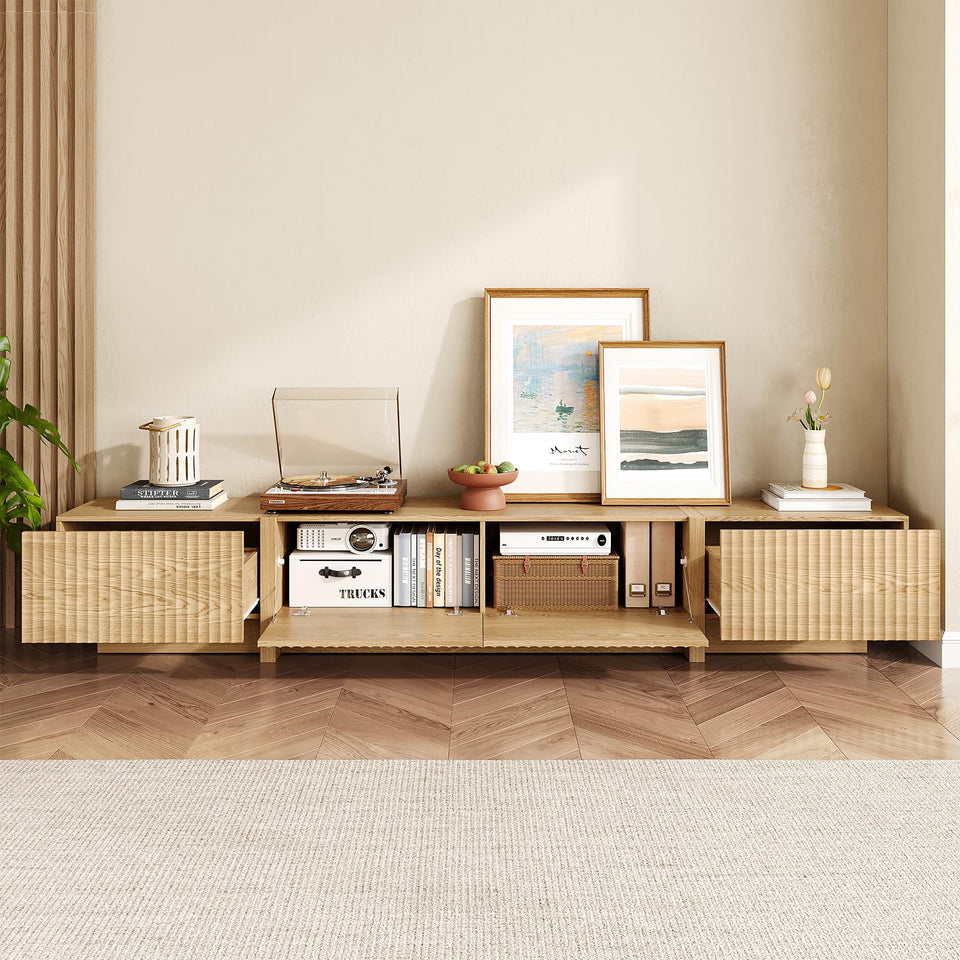 UKAOCAI 86.61'' Tambour TV Stand for 55-85 Inch, Modern Entertainment Center with Large Storage Cabinet & Open Shelves, TV Console with Sliding Doors for Living Room, Bedroom, Natural