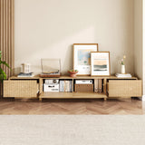 UKAOCAI 86.61'' Tambour TV Stand for 55-85 Inch, Modern Entertainment Center with Large Storage Cabinet & Open Shelves, TV Console with Sliding Doors for Living Room, Bedroom, Natural