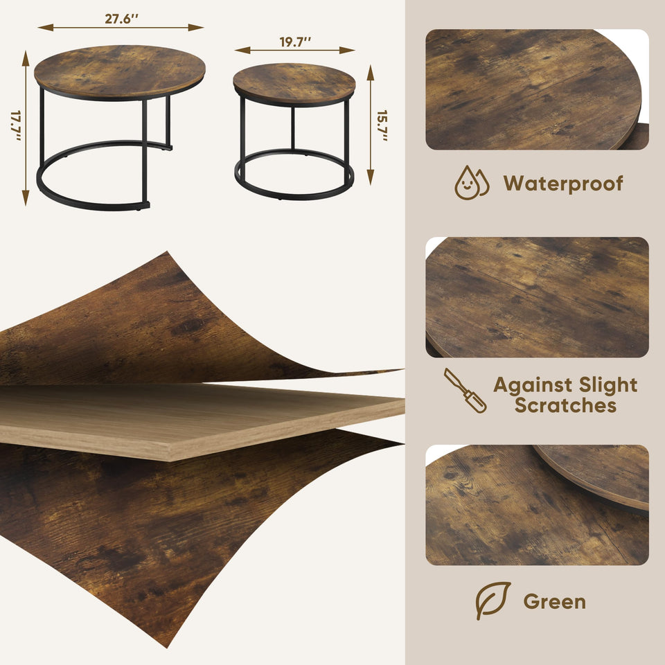 Smuxee Nesting Coffee Table Set of 2, 23.6" Round Coffee Table Wood Grain Top with Adjustable Non-Slip Feet, Industrial End Table Side Tables for Living Room Bedroom Balcony Yard