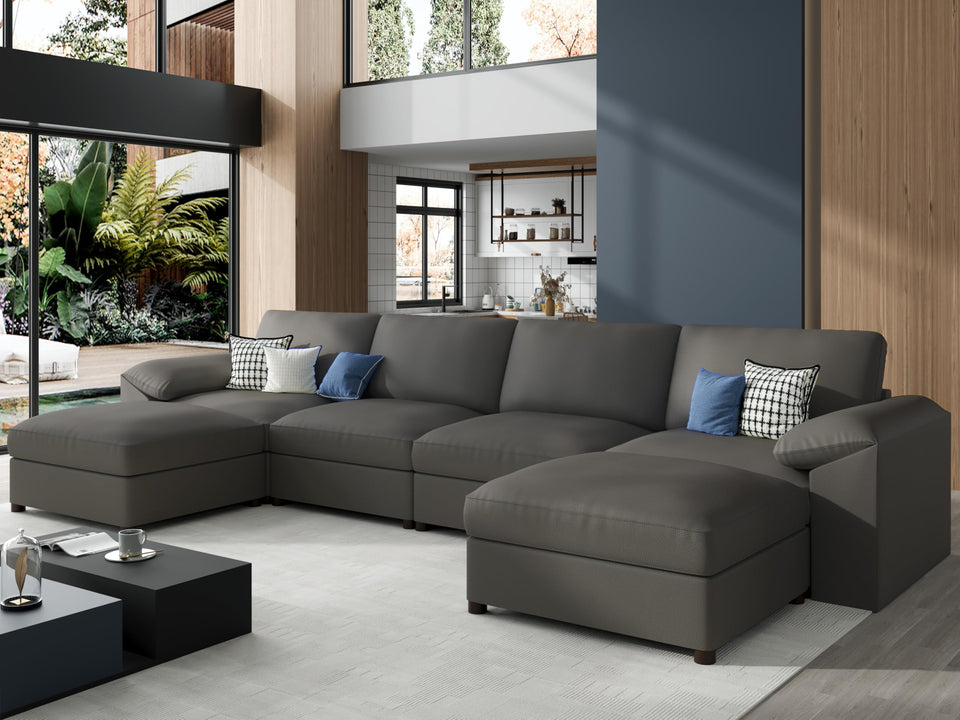 EASE MOOSE Leather Sectional Couch, Oversized Modular Sectional Sofas, Wide Deep Seat Modular Couch, Scratch Resistant Faux Leather Material, L Shaped Sofa for Big Spaces,Beige