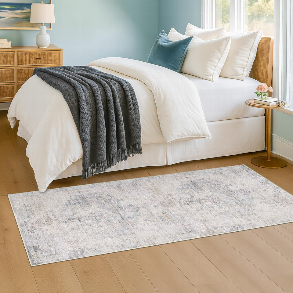 Neutral Living Room Rug - 10x14 Farmhouse Beige Brown Large Area Rug for Dining Room, Bedroom, Low Pile Lightweight Washable