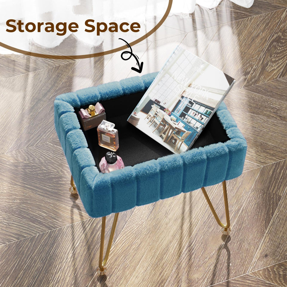 Greenstell Vanity Stool Chair Faux Fur with Storage, 15.7"L x 11.8"W x 19.4"H Soft Ottoman 4 Metal Legs with Anti-Slip Feet, Furry Padded Seat, Modern Multifunctional Chairs for Makeup, Bedroom Pink