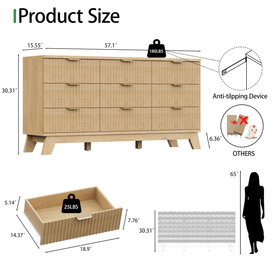 Fluted Dresser for Bedroom with 9 Drawers, 57" Wide Modern Chest of Drawers with Metal Handle, Wooden Dresser TV Stand, Wood Closet Clothes Storage Organizer for Living Room, Hallway, Natural Oak