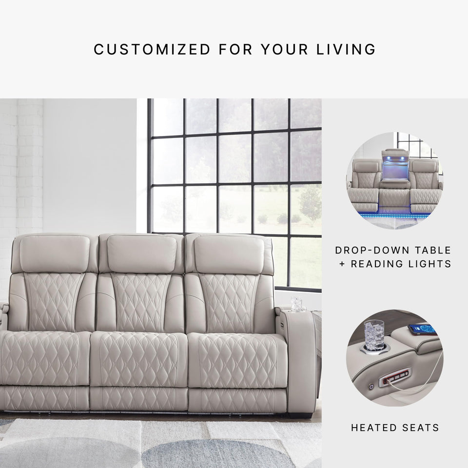 Signature Design by Ashley Boyington Contemporary Leather Match Power Reclining Sofa with USB Charging Ports, LED Lights and Adjustable Headrest, Light Gray
